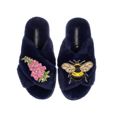 Laines London Women's Blue Classic Laines Slippers With Honey Bee & Pink Foxglove Flowers Brooches - Navy