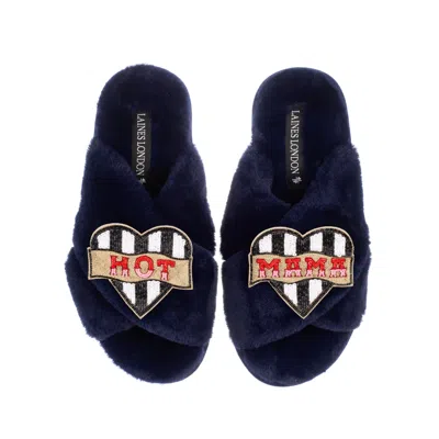 Laines London Women's Blue Classic Laines Slippers With Mother's Day Hot Mama Brooches - Navy