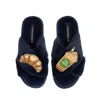 Laines London Women's Blue Classic Laines Slippers With Iced Coffee & Croissant Brooches - Navy In Blue