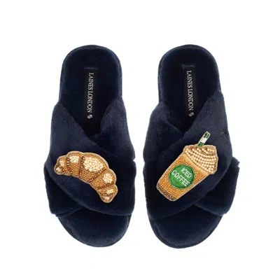 Laines London Women's Blue Classic Laines Slippers With Iced Coffee & Croissant Brooches - Navy