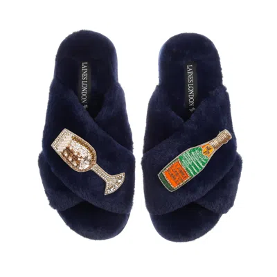 Laines London Women's Blue Classic Laines Slippers With Laines Champers & Glass Brooches - Navy