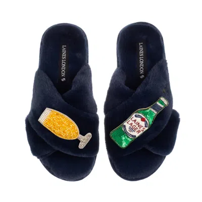 Laines London Women's Blue Classic Laines Slippers With Laines Italian Lager Brooches - Navy