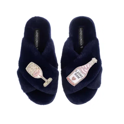 Laines London Women's Blue Classic Laines Slippers With Laines Rose Wine Brooches - Navy