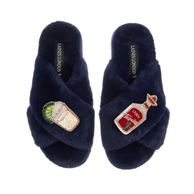Laines London Women's Blue Classic Laines Slippers With Laines Tequila Slammer Brooches - Navy
