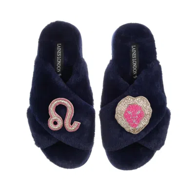 Laines London Women's Blue Classic Laines Slippers With Leo Zodiac Brooches - Navy
