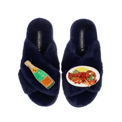 Laines London Women's Blue Classic Laines Slippers With Lobster Platter & Champagne Bottle Brooches - Navy