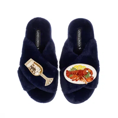 Laines London Women's Blue Classic Laines Slippers With Lobster Platter & Glass Of Fizz Brooches - Navy