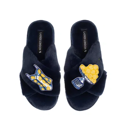 Laines London Women's Blue Classic Laines Slippers With Mediterranean Swimming Costume & Lemon Brooches - Navy