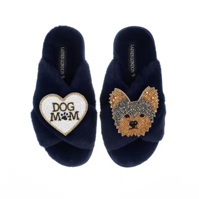 Laines London Women's Blue Classic Laines Slippers With Minnie Yorkie & Dog Mum / Mom Brooches - Navy