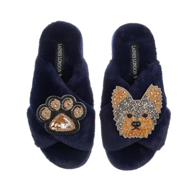 Laines London Women's Blue Classic Laines Slippers With Minnie Yorkie & Paw Brooches - Navy