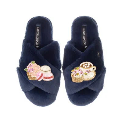 Laines London Women's Blue Classic Laines Slippers With Mother's Day Macaroon Brooches - Navy In Multi