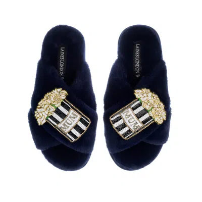 Laines London Women's Blue Classic Laines Slippers With Mothers Day Double Mum Bouquet Brooches - Navy
