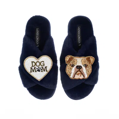 Laines London Women's Blue Classic Laines Slippers With Mr Beefy & Dog Mum / Mom Brooches - Navy In Black