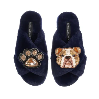 Laines London Women's Blue Classic Laines Slippers With Mr Beefy Bulldog & Paw Brooches - Navy
