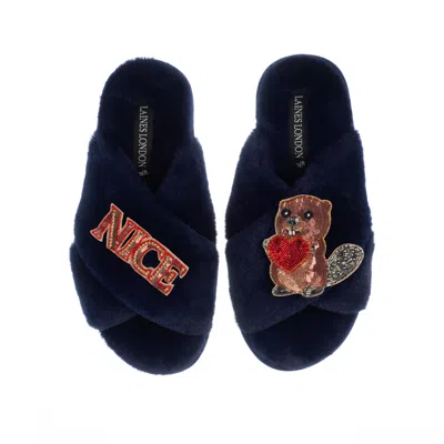 Laines London Women's Blue Classic Laines Slippers With Nice Beaver Brooches - Navy