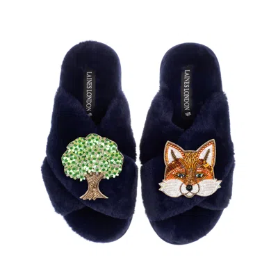 Laines London Women's Blue Classic Laines Slippers With Oak Tree & Fox Brooches - Navy