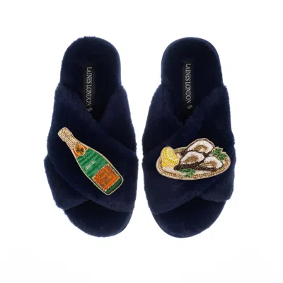 Laines London Women's Blue Classic Laines Slippers With Oysters & Champers Bottle - Navy