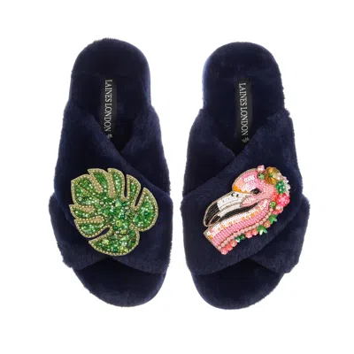 Laines London Women's Blue Classic Laines Slippers With Palm Leaf & Flamingo Brooches - Navy