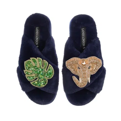 Laines London Women's Blue Classic Laines Slippers With Palm Leaf & Gold Elephant Brooches - Navy