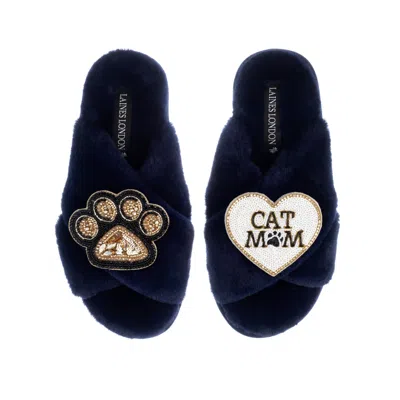 Laines London Women's Blue Classic Laines Slippers With Paw & Cat Mum / Mom Brooches - Navy
