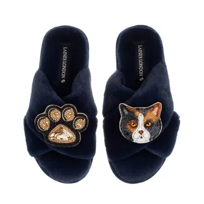 Laines London Women's Blue Classic Laines Slippers With Paw & Domestic Shorthair Calico Cat Brooches - Navy In Multi