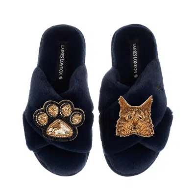Laines London Women's Blue Classic Laines Slippers With Paw & Ginger Norwegian Forest Cat Brooches - Navy In Animal Print