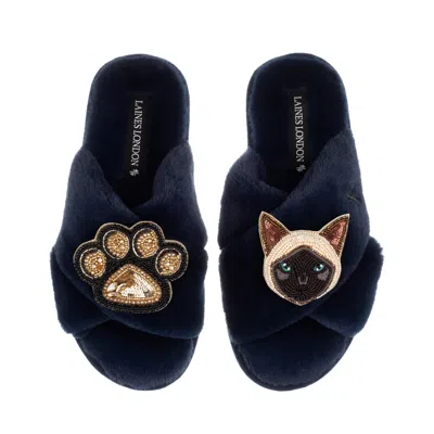 Laines London Women's Blue Classic Laines Slippers With Paw & Siamese Cat Brooches - Navy