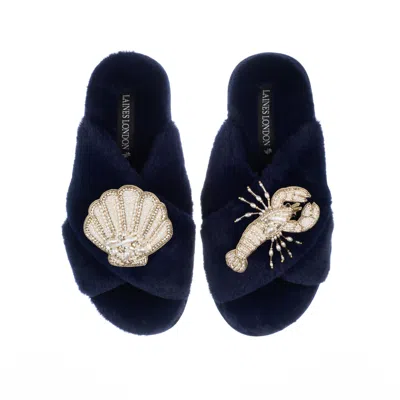 Laines London Women's Blue Classic Laines Slippers With Pearl Beaded Lobster & Shell Brooches - Navy