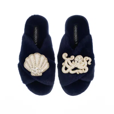 Laines London Women's Blue Classic Laines Slippers With Pearl Beaded Octopus & Shell Brooches - Navy