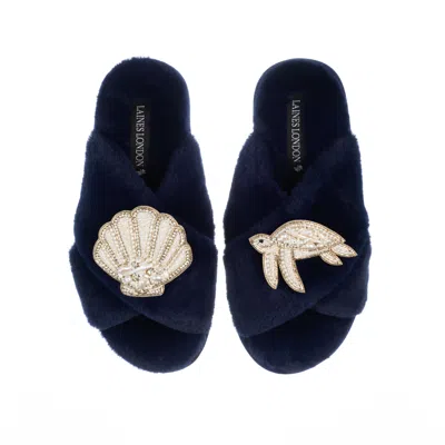 Laines London Women's Blue Classic Laines Slippers With Pearl Beaded Turtle & Shell Brooches - Navy