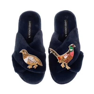Laines London Women's Blue Classic Laines Slippers With Pheasant & Hen Brooches - Navy