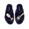 Laines London Women's Blue Classic Laines Slippers With Pink Champagne & Glass Brooches - Navy In Blue