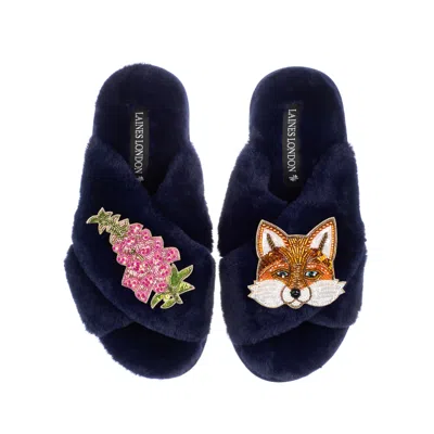 Laines London Women's Blue Classic Laines Slippers With Pink Foxglove Flowers & Fox Brooches - Navy