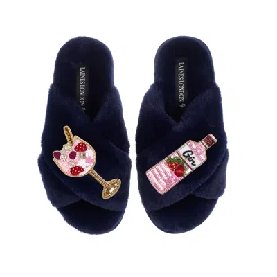 Laines London Women's Blue Classic Laines Slippers With Pink Gin & Fruit Glass Brooches - Navy