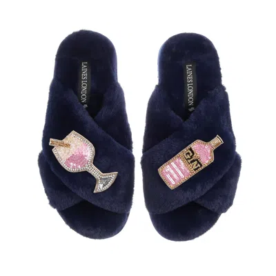 Laines London Women's Blue Classic Laines Slippers With Pink Gin & Glass Brooches - Navy