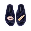 Laines London Women's Blue Classic Laines Slippers With Pink Lipstick & Lips Brooches - Navy In Blue