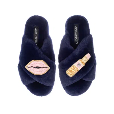 Laines London Women's Blue Classic Laines Slippers With Pink Lipstick & Lips Brooches - Navy