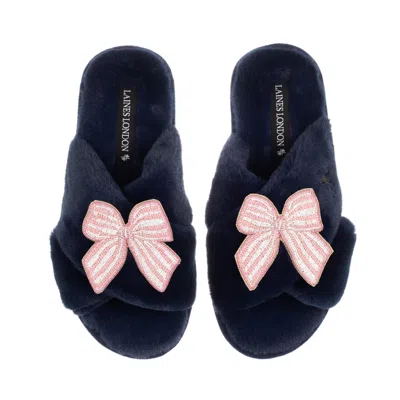Laines London Women's Blue Classic Laines Slippers With Pink Stripe Bow Brooches - Navy