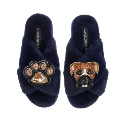 Laines London Women's Blue Classic Laines Slippers With Pip The Boxer & Paw Brooches - Navy