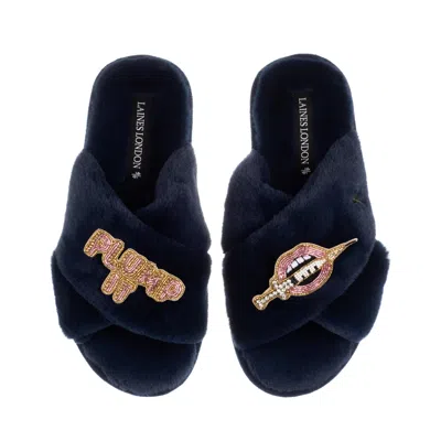 Laines London Women's Blue Classic Laines Slippers With Plump It Pout Brooches - Navy