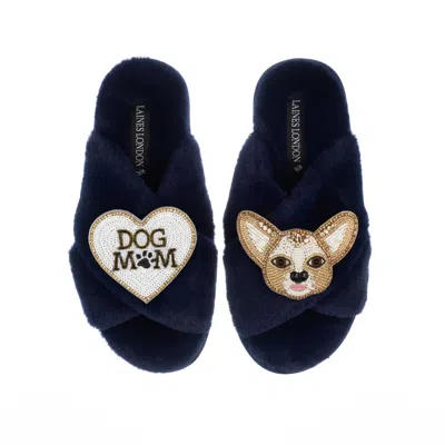 Laines London Women's Blue Classic Laines Slippers With Princess Chihuahua & Dog Mum / Mom Brooches - Navy