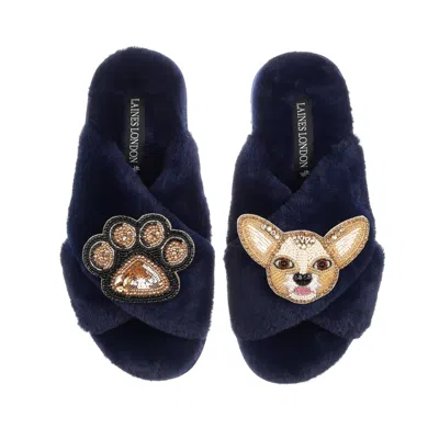 Laines London Women's Blue Classic Laines Slippers With Princess Chihuahua & Paw Brooches -navy