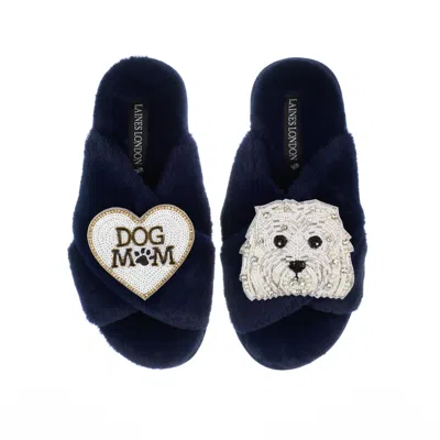 Laines London Women's Blue Classic Laines Slippers With Queenie & Dog Mum / Mom Brooches - Navy