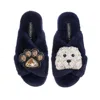Laines London Women's Blue Classic Laines Slippers With Queenie & Paw Brooches - Navy In Blue
