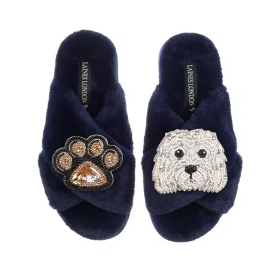 Laines London Women's Blue Classic Laines Slippers With Queenie & Paw Brooches - Navy