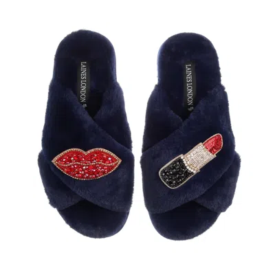 Laines London Women's Blue Classic Laines Slippers With Red & Gold Pucker Up Brooches - Navy