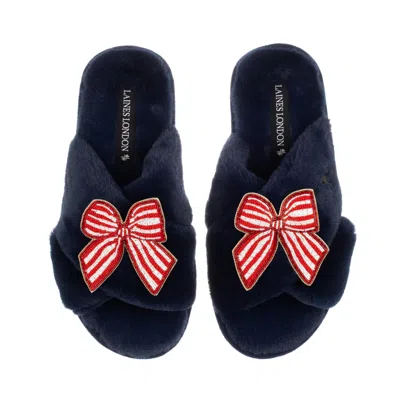 Laines London Women's Blue Classic Laines Slippers With Red Stripe Bow Brooches - Navy