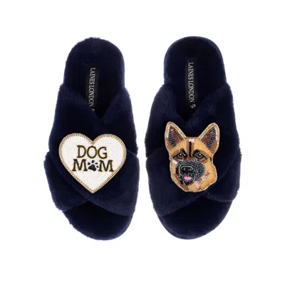 Laines London Women's Blue Classic Laines Slippers With Roxy The German Shepherd & Dog Mum/mom Brooches - Navy