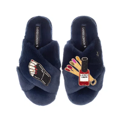 Laines London Women's Blue Classic Laines Slippers With Sand Nail Tech Brooches - Navy