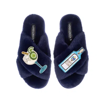 Laines London Women's Blue Classic Laines Slippers With Sapphire Gin & Glass Brooches - Navy